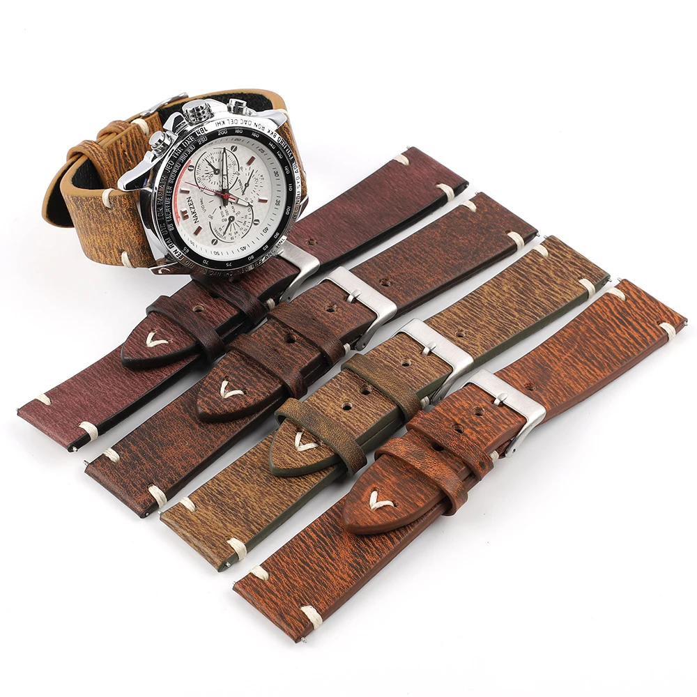 Onthelevel Leather Watch Band Handmade Vintage Watch Strap Stitching Design Wristband Calfskin Strap Blue Black Red #B