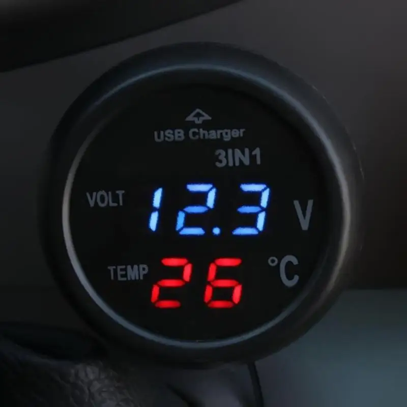 12V/24V Car Voltage Meter Monitor 3 in 1 LED USB Car Charger Voltmeter Thermometer Car Battery Monitor LCD Digital Dual Display