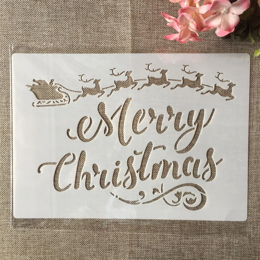 A4 29cm Merry Christmas Words DIY Layering Stencils Wall Painting Scrapbook Coloring Embossing Album Decorative Template