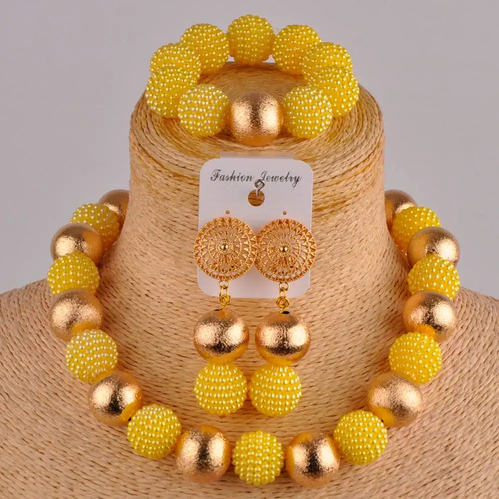 Charming Imitation Pearl Beaded Jewelry Yellow Women Nigerian Bride Wedding African Beaded Jewelry Set XX-69