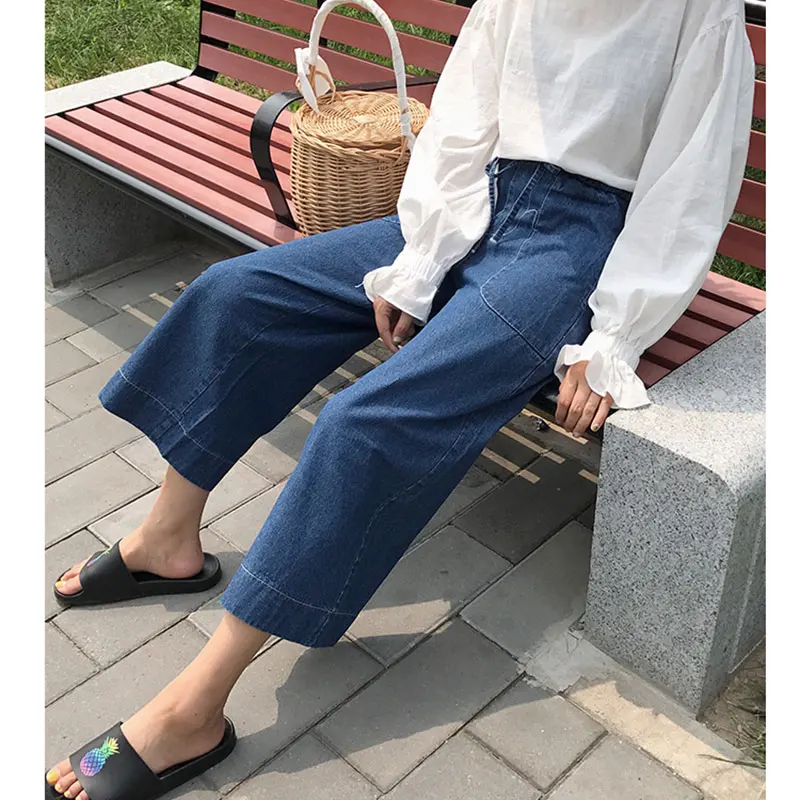 Wiosna Korea moda damska wysoka talia Vintage niebieskie luźne jeansy wszystkie dopasowane dorywczo bawełniane spodnie jeansowe szerokie nogawki V613