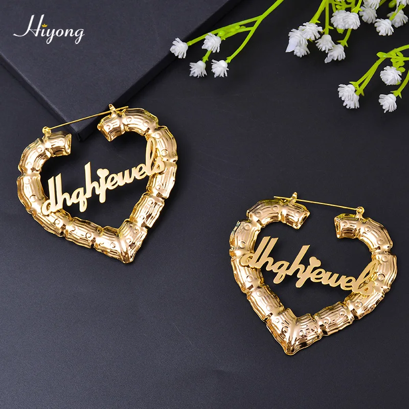 

70/90mm Custom Earrings Love shape Hiphop Bamboo Hoop Earrings Customizable Heart Customize Name Earrings for Women Girls