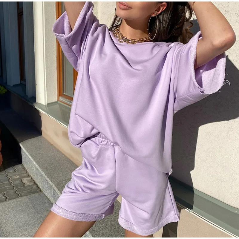 ZuoLunOuBa Summer Fashion Blank Solid Color Movement Women Suit Loose Short Sleeves Tops Elastic Waist Khaki Shorts Suits Female