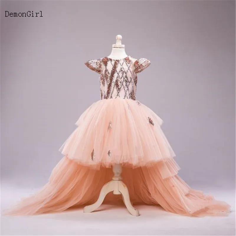 Blush Puffy Flower Girl Dress for Wedding Gold Sequined Sleeves Ruffled Layered Tulle Princess Birthday Party Pageant Gowns