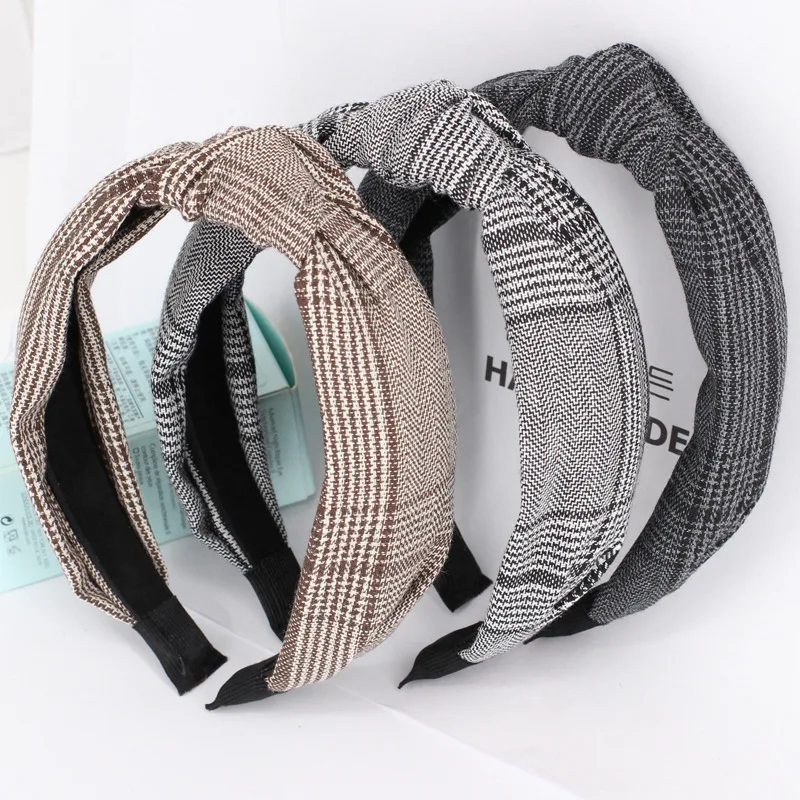 

2019 New 10pcs/lot Checked Hair Hoop Headband Houndstooth Check Front Knot Hair Band Alice Headband for Women Hair Accessories