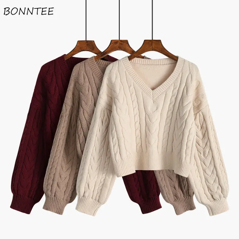 Sweaters Women Lovely Pullover Fashion Popular Clothes Twist Vintage V-Neck Solid All-match Fall Daily College Cropped Knitwear