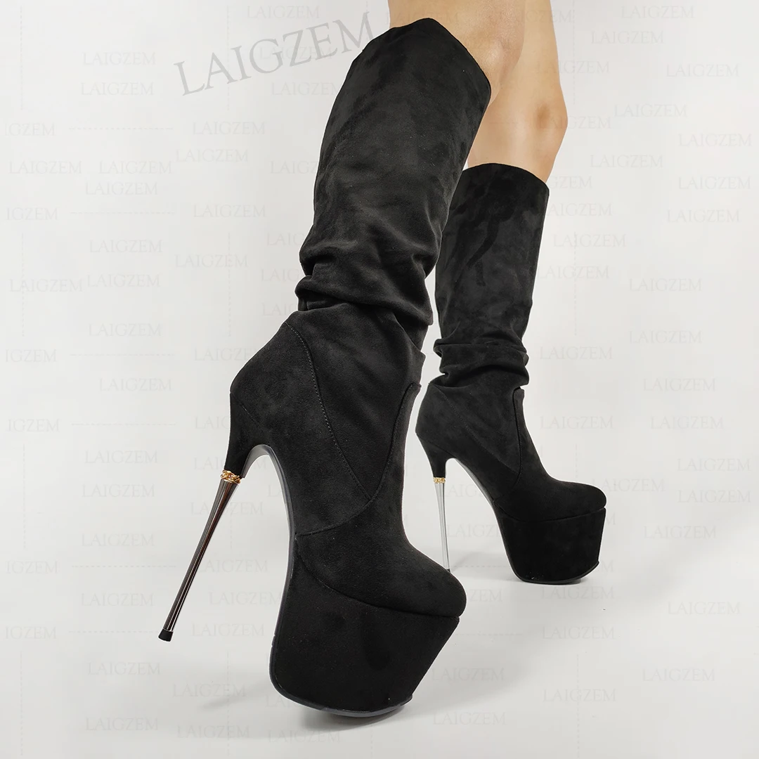 LAIGZEM Women Knee High Boots Platform Faux Suede 16CM Metal Stiletto Heels Tall Boots Platform Shoes Woman Big Size 33 39 42 43