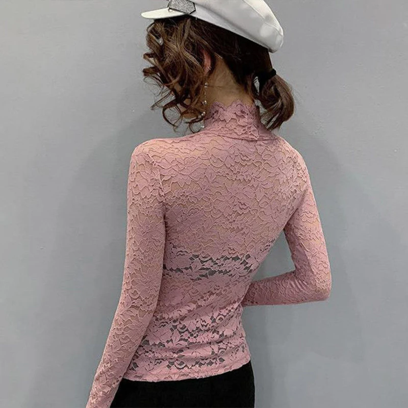 Lace Turtleneck Long Sleeve T-Shirt Female Thin Black See Through Rose Solid Blouses Tulle Gauze Fall Clothes Tops Women