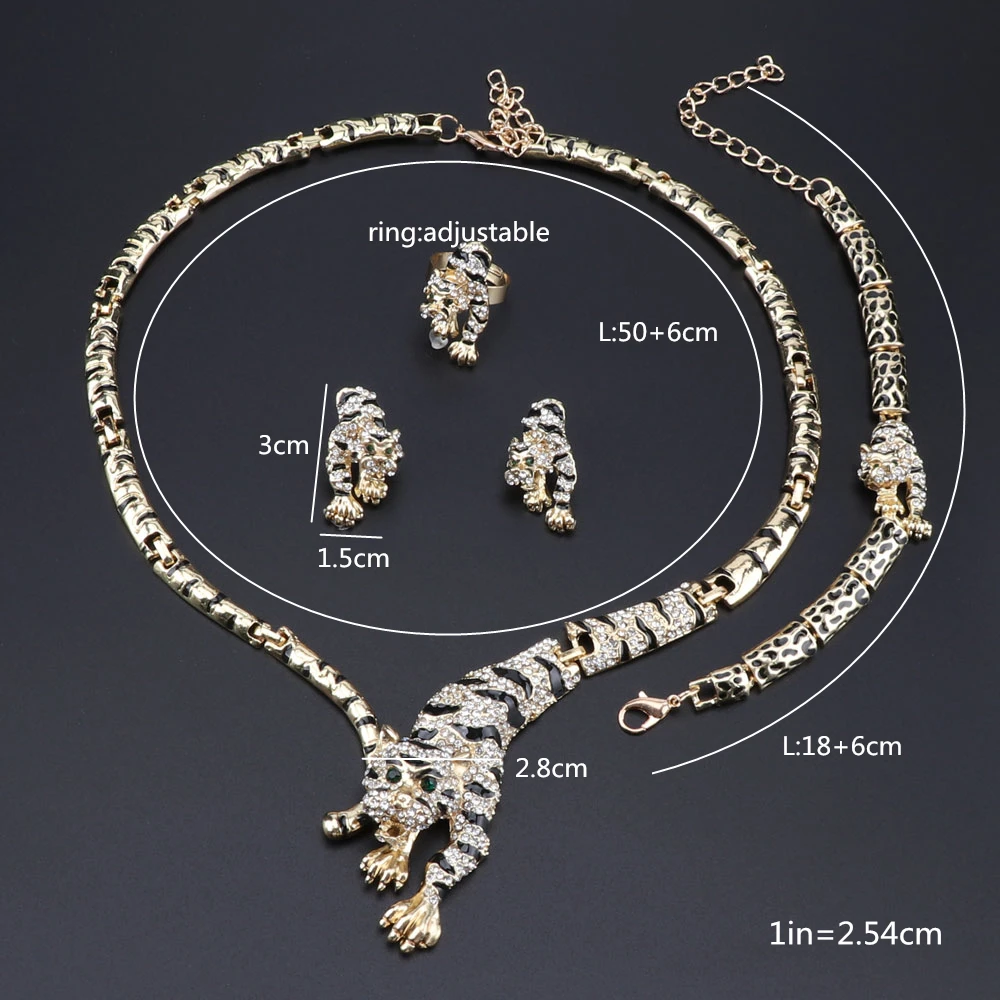 Dubai Gold Color Tiger Crystal Jewelry Luxury Nigerian Woman Wedding Costume Design Necklace Earring Ring Bracelet Set