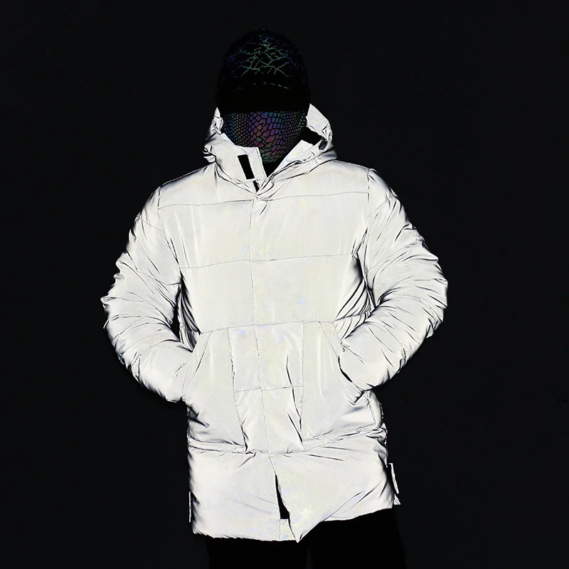 Drop Shipping Winter Men Reflective Jacket Thick Warm Long Cotton Coat Male Harajuku Soft Plus Size Loose Hip Hop Hooded Outwear