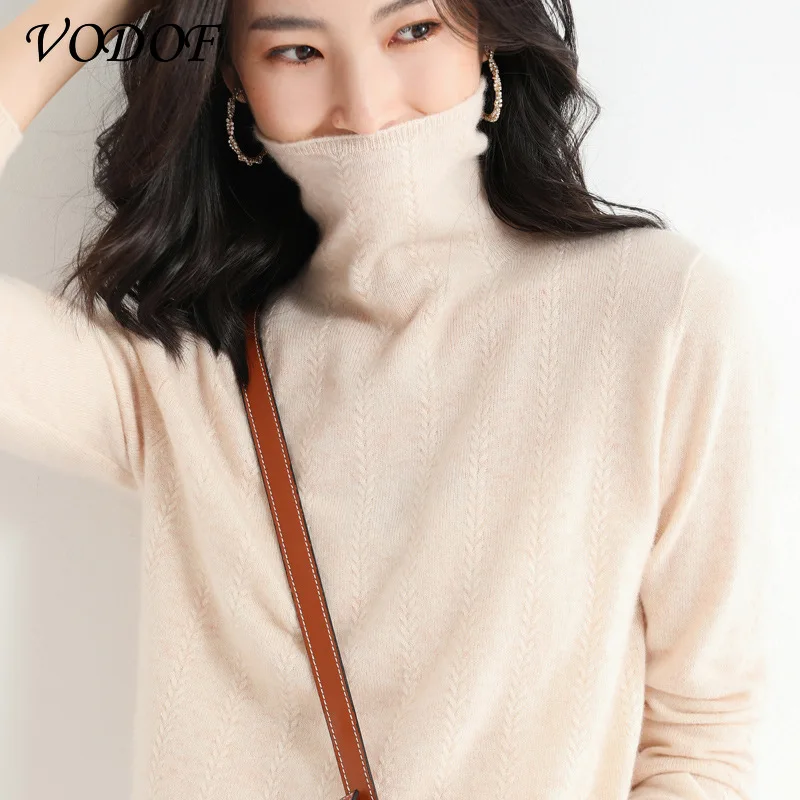 VODOF Solid Color Knitted Long Skirt Women Autumn and Winter High Neck Long-sleeved Sweater Ladies Loose Casual Dress