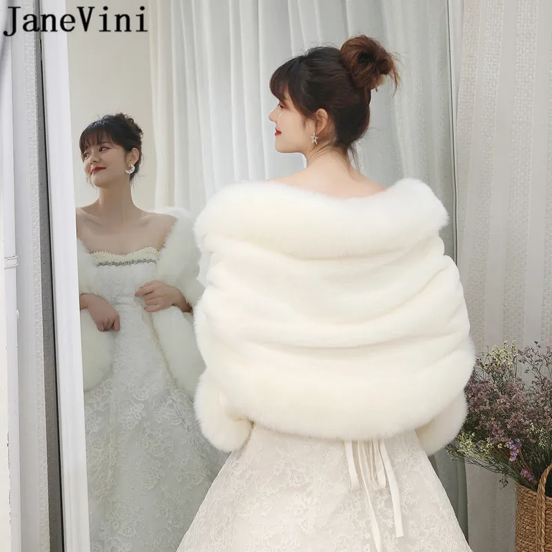 JaneVini Plus Size 165*55 cm Women Fur Jacket Cape Shawl Winter Stole Wedding Bolero Bridal Wraps Faux Fur White Red Cape Rouge