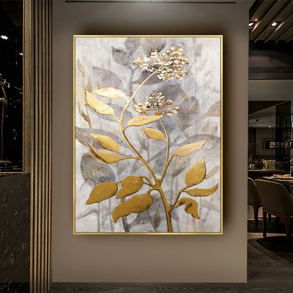 

100% Handpainted Golden Leaves Modern Oil Painting On Canvas Original Wall Art Pictures For Living Room Home Decor Hallway Trim