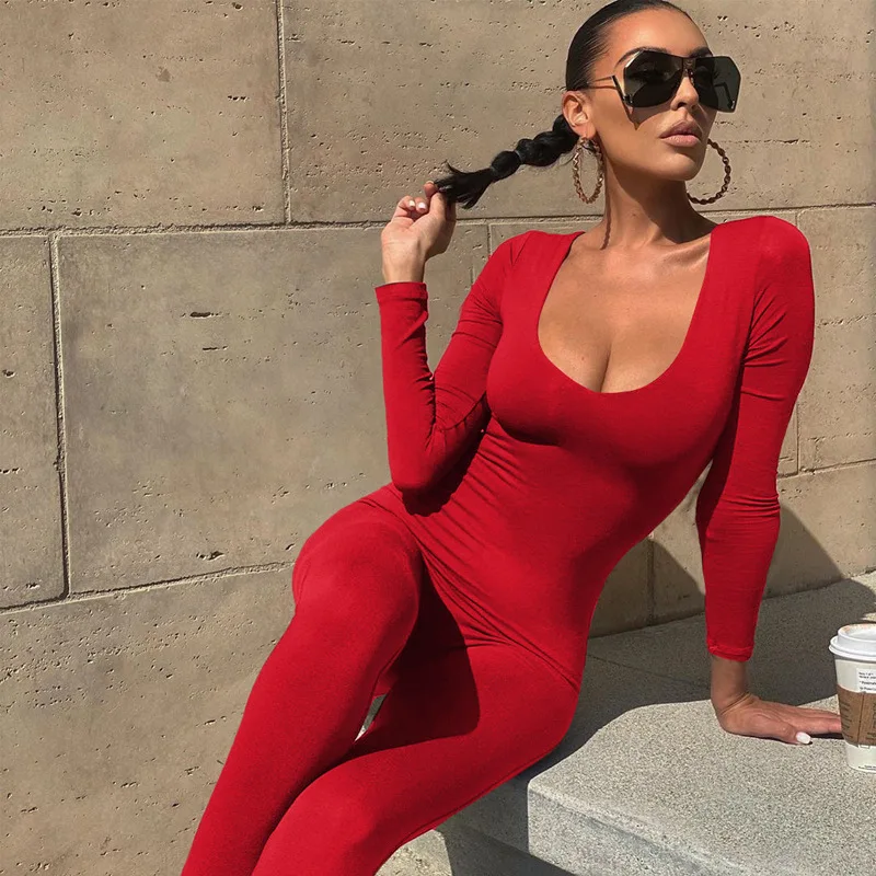 

2023 Autumn Winter Long Sleeve Jumpsuit Women V Neck Bodycon Rompers Womens Jumpsuit Black Casual Fitness Streetwear Overalls