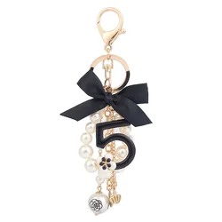 Number 5 Camellia Bag Pendant For Woman Luxury Jewelry Bow Car Keyring Bowknot Camellia Pearl Keychains Bag Decoration