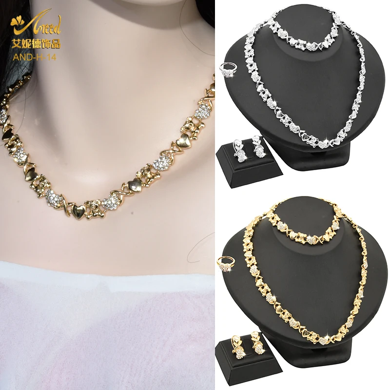ANIID Heart Crystal XOXO Necklace Set African Gold Color Women Fashion Nigerian Wedding Bridal Jewelry Set Dubai Gift