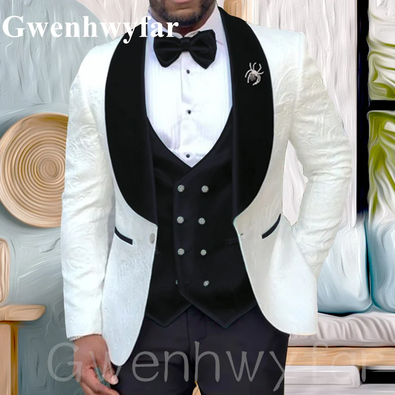 

Gwenhwyfar 2023 New Autumn Fashion Casual Men's Groom Jacquard Tuxedo 3 Pieces Black Vest (Blazer And Vest And Pants) Homme