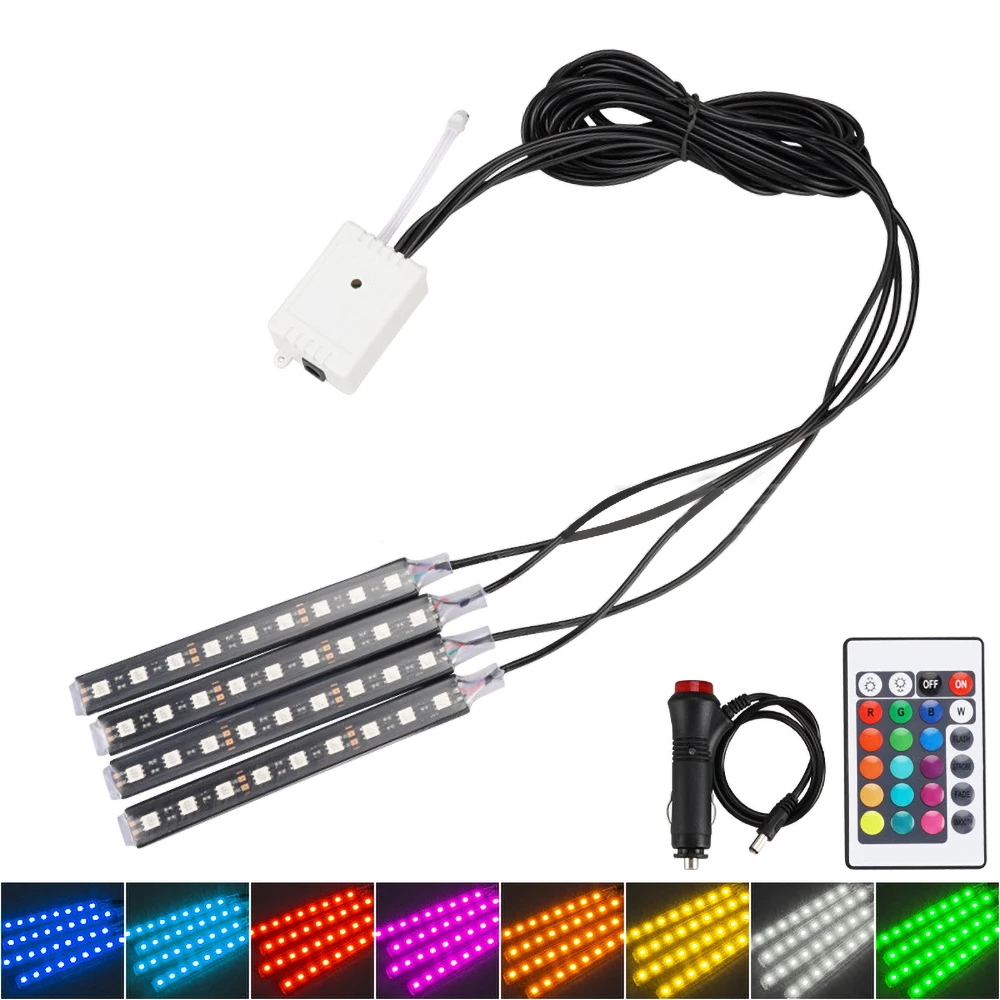 4pcs Car RGB LED Strip Light LED Strip Lights Colors Car Styling Decorative Atmosphere Lamps Car Interior Light With Remote 12V