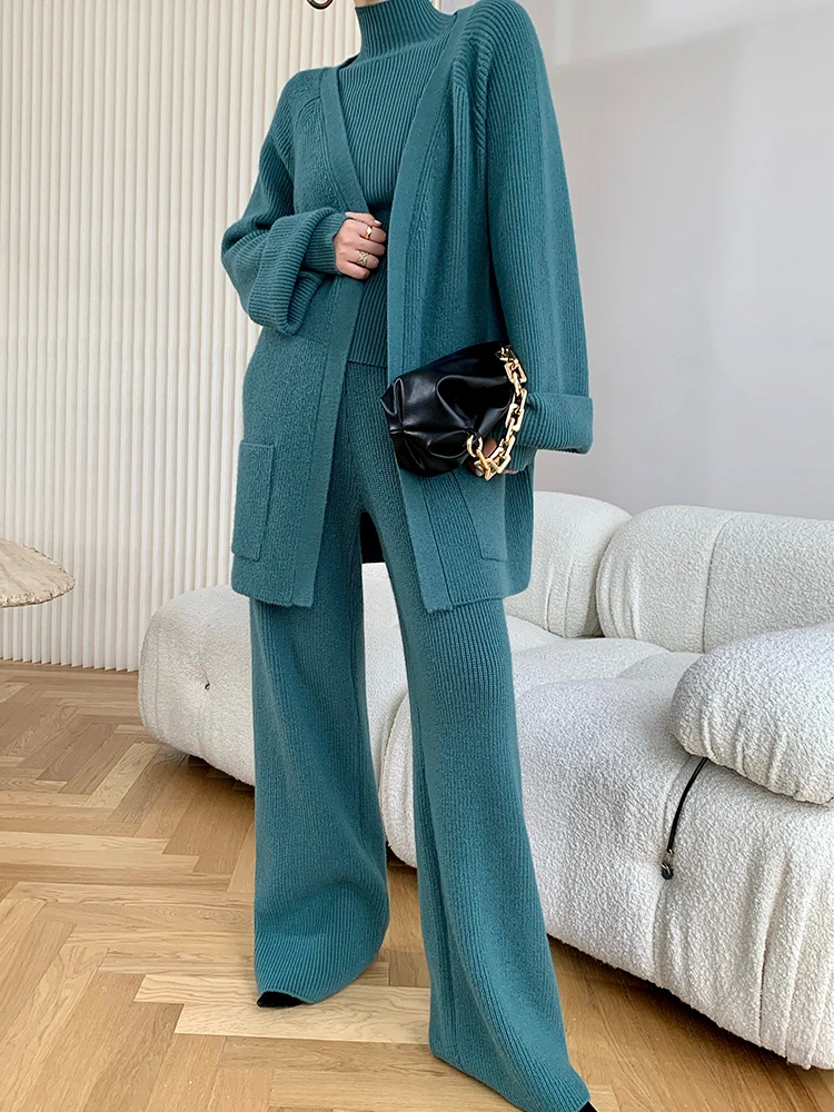 Franse Stijl Elegante Dameskleding Pullover 3 Stuks Outfit Trui Vest + Gebreide Wijde Pijpen Driedelige Set