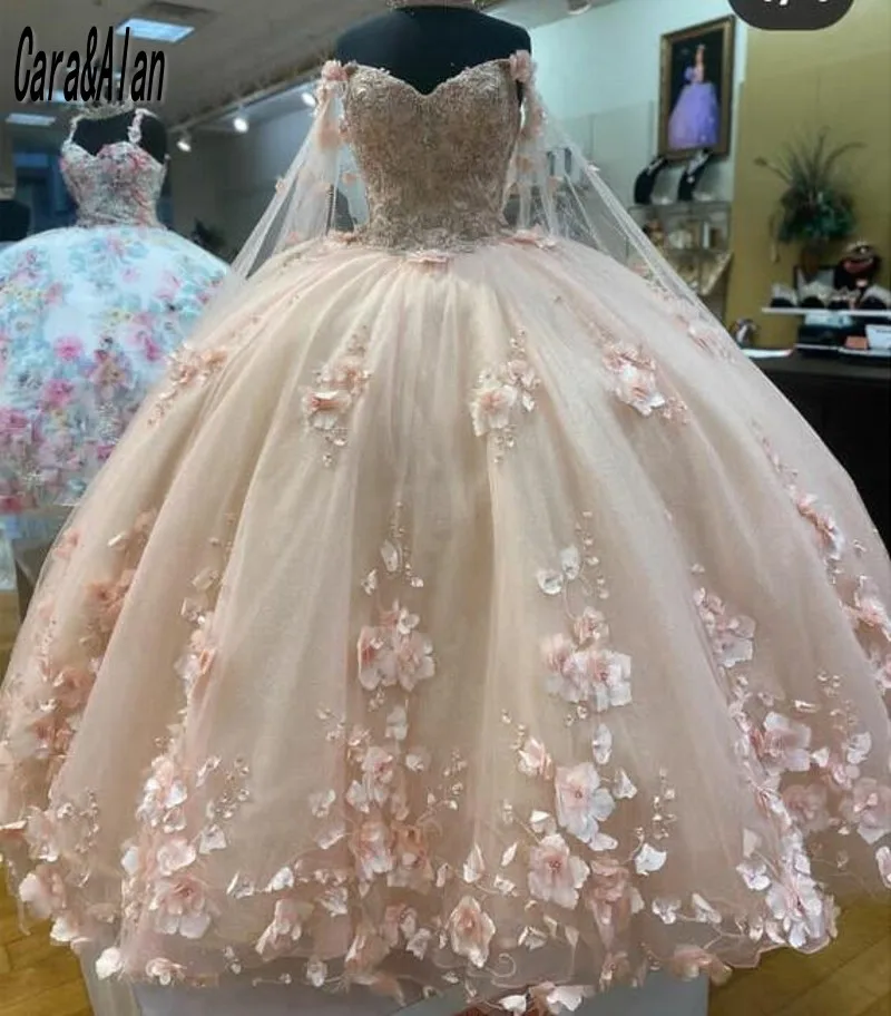 Cara&Alan Light Purple Quinceanera Dresses With Cape 3D Floral Applique Charro Vestido De 15 Años 2021 Sweet 16 Prom Gowns