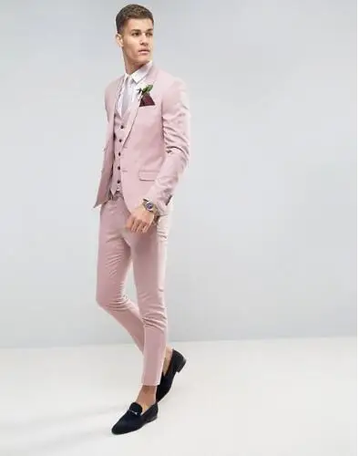 

Tailor Made Pink Men wedding Suits Slim Fit Groom Prom Party Blazer Male Tuxedo Jacket+Pants+Vest Costume Marriage Homme Terno