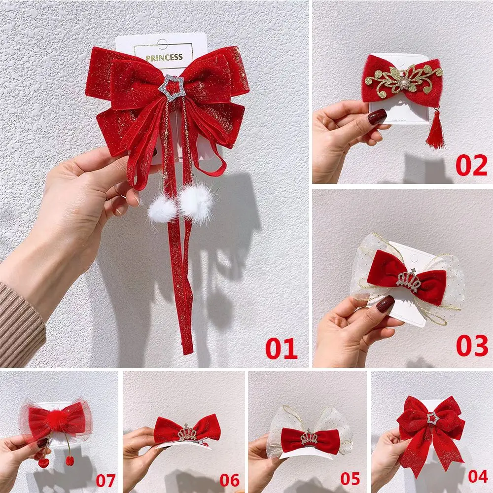 New Year Red Baby Big Bow Ribbon Hair Clips Crystal Headwear Geometric Women Girls Shiny Velvet Hairpins Hair Accessions