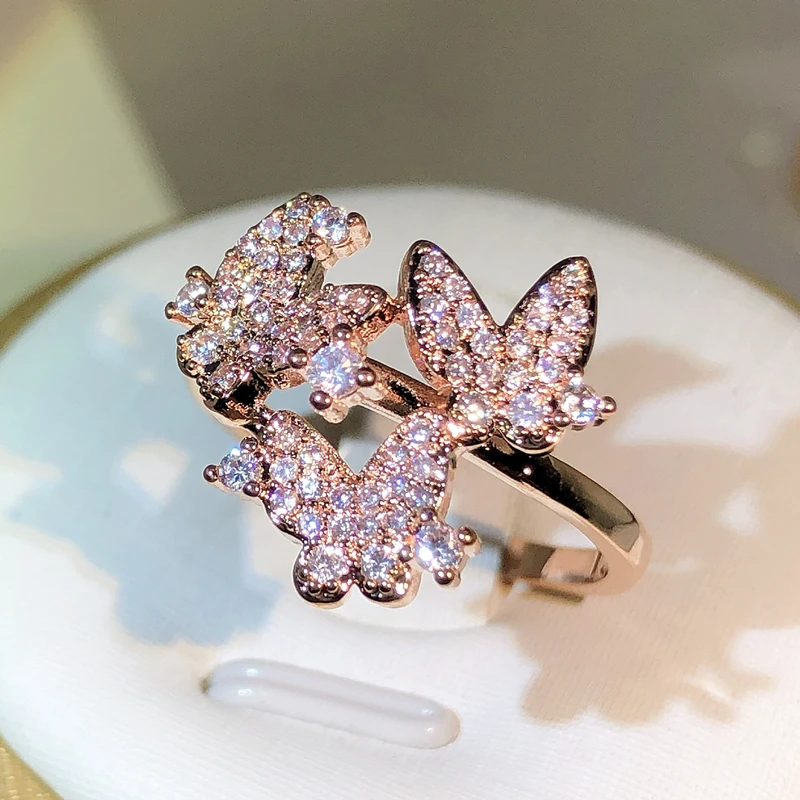 클래식 우아한 로즈 골드 3 나비 오픈 링, 925 스털링 실버, 여성 파티 외출 패션 주얼리 선물
