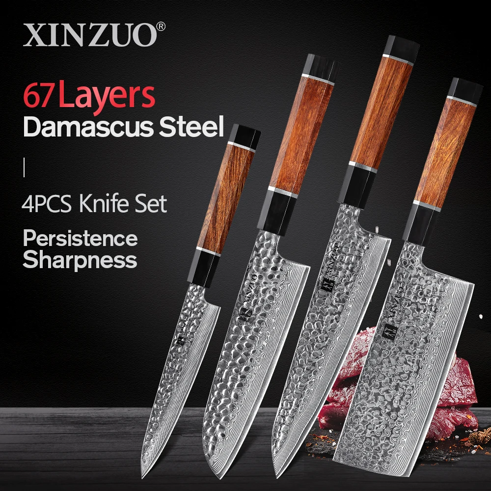 NEW XINZUO 4PCS Kitchen Knives Set Desert Ironwood Handle Japanese Damascus Steel Chef  Santoku Cleaver Utility Kitchen Knives