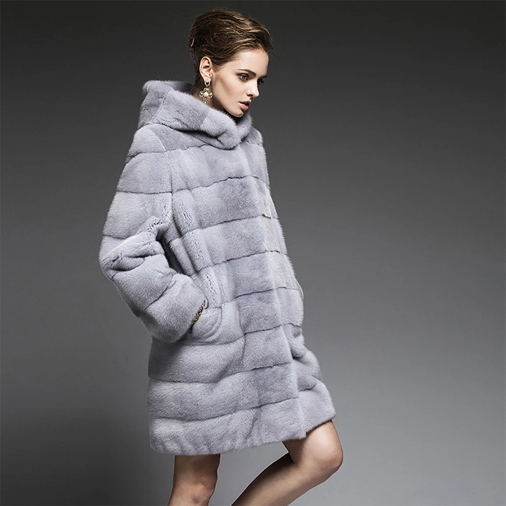 TOPFUR Fashion Real Mink Fur Coat 90 cm Length With Fur Hood 2021 Winter Outerwear Warm Women's Whole Skin Mink Fur Coat