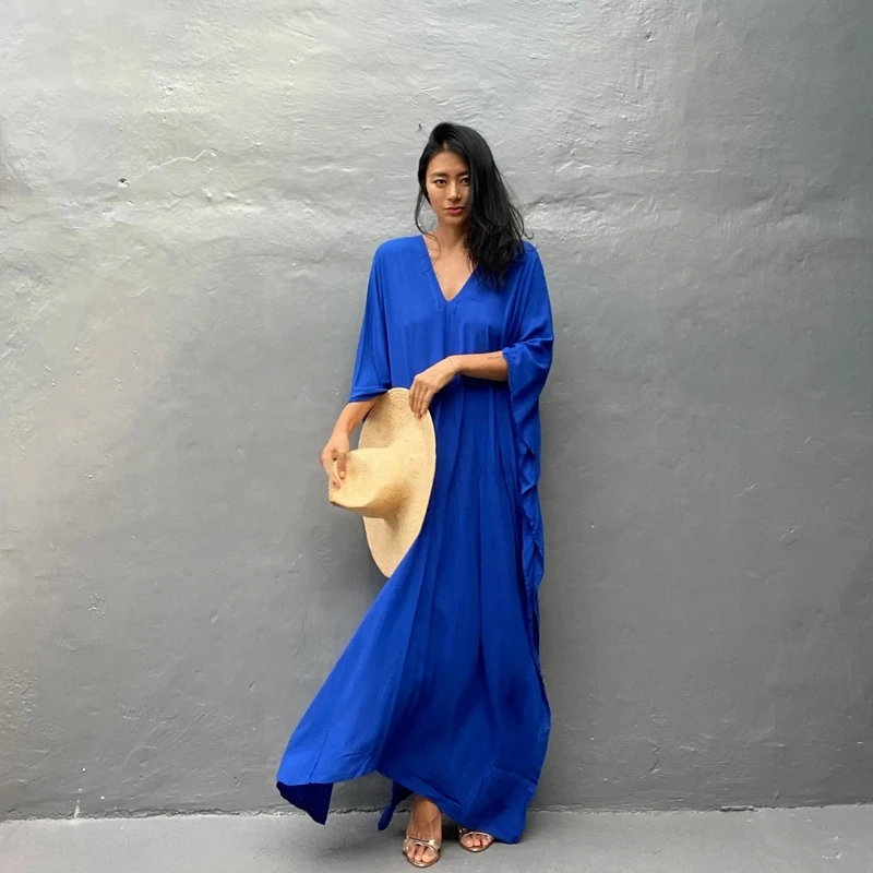 Klein Blue Kaftan Oversized Pure Colore Maxi-Dress Avant-Garde Simple Loose Robe Tunic Minimalism Design Caftan Timeless Dress