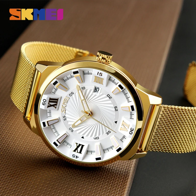 SKMEI Brand Business Mens Watches Luxury Golden Steel Mesh Band Quartz Wristwatches Original 9166 relogio masculino