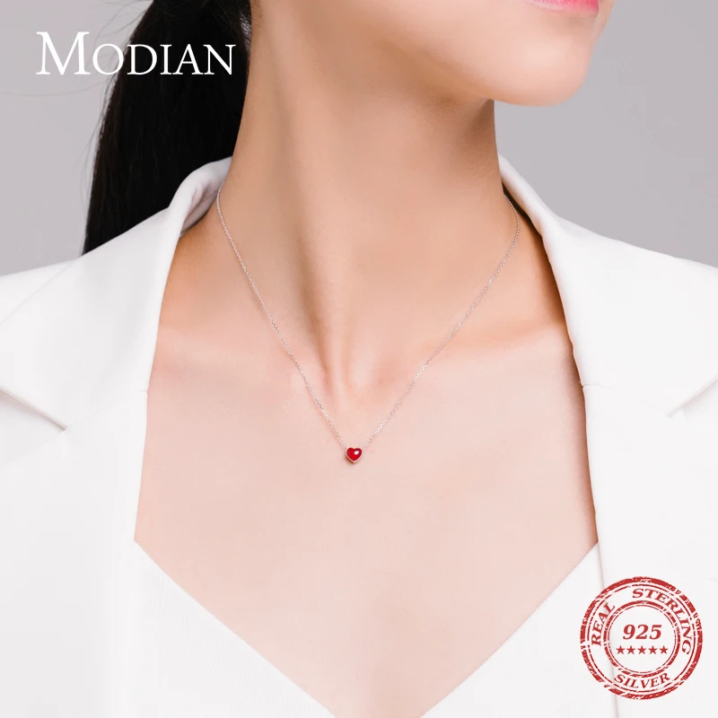 Modian 3 Color Enamel Hearts Necklace Fashion 925 Sterling Silver Charm Red Necklaces Pendant For Women Fine Female Jewelry Gift