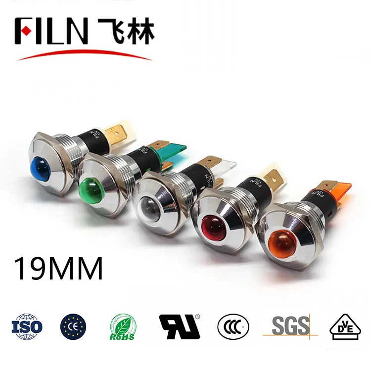 FILN โลหะนูน 19 มม.12 โวลต์ The lightemitting ไดโอดไฟสีแดงสีเขียวสีเหลืองสีขาวสีฟ้าหลอดไฟ