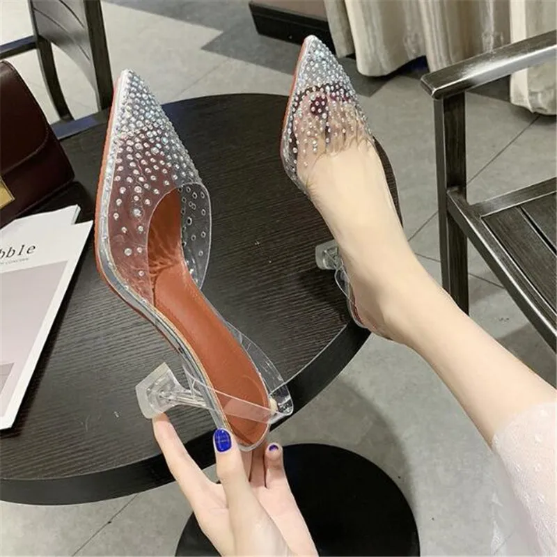 

2022 Fashion Rhinestones Women Pumps Summer Sexy PVC Transparent Back Strap Pointed Toe Perspex Clear Spike Heels Party Shoes