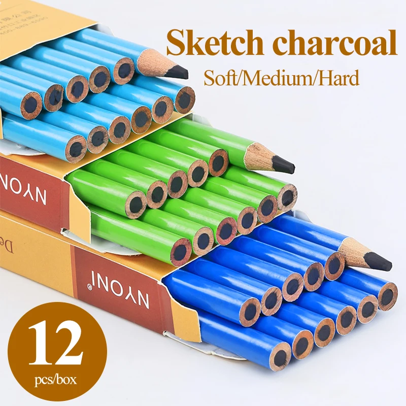 NYONI 12pcs Charcoal Pencil Black Soft/Medium/Hard Carbon Pencil Wooden Charcoal Pencils For Sketching Drawing Stationery 2801