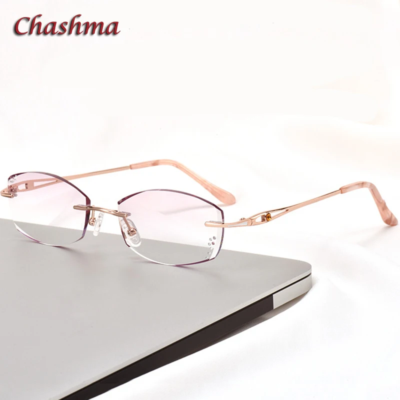 Rhinestone Titanium Frame Gray Red Lenses Rimless Glasses Light Frame Women Gradient Glass Prescription Graduation Glasses