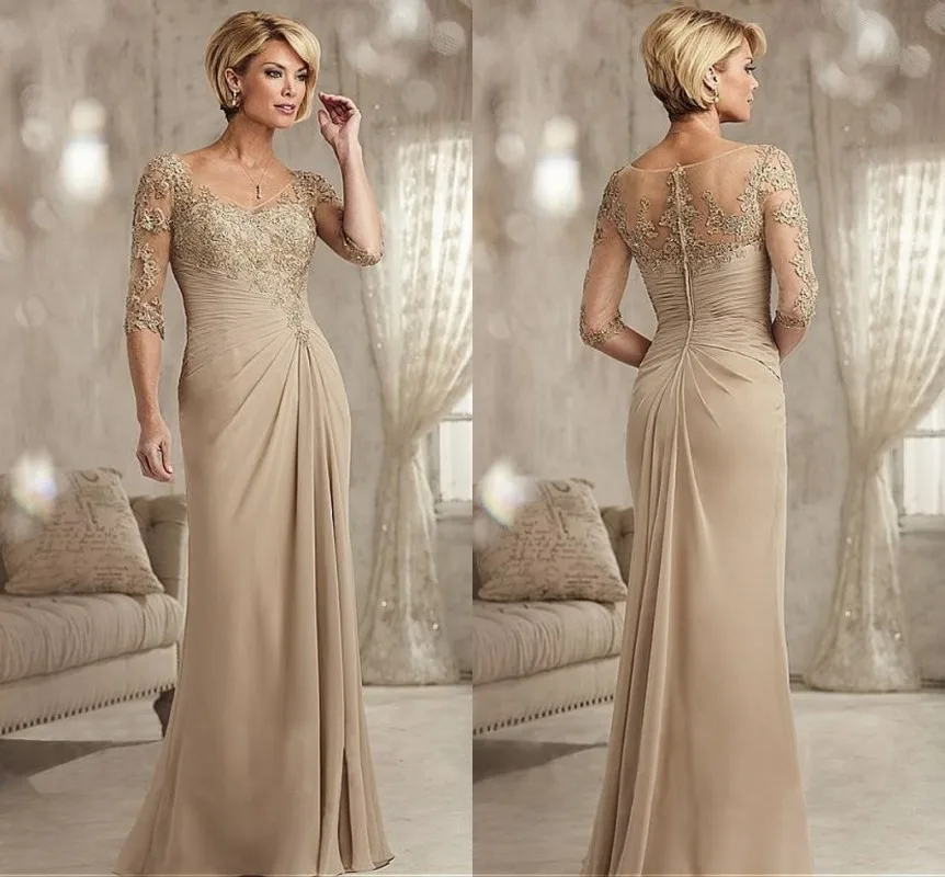 Elegante pizzo con perline Champagne madre della sposa abiti 2024 Plus Size Chiffon mezze maniche sposo abito da festa di nozze