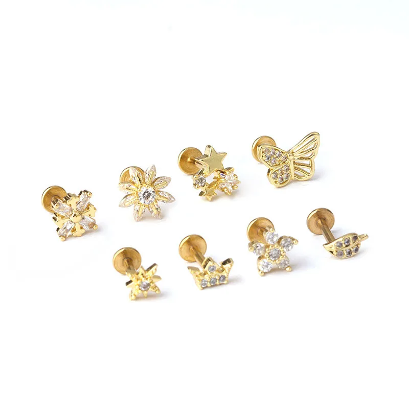 1PC 16G Cz Ear Piercing Cartilage Earrings Flower Star Butterfly Helix Conch Rook Tragus Stud Flat Labret Back Piercing Jewelry