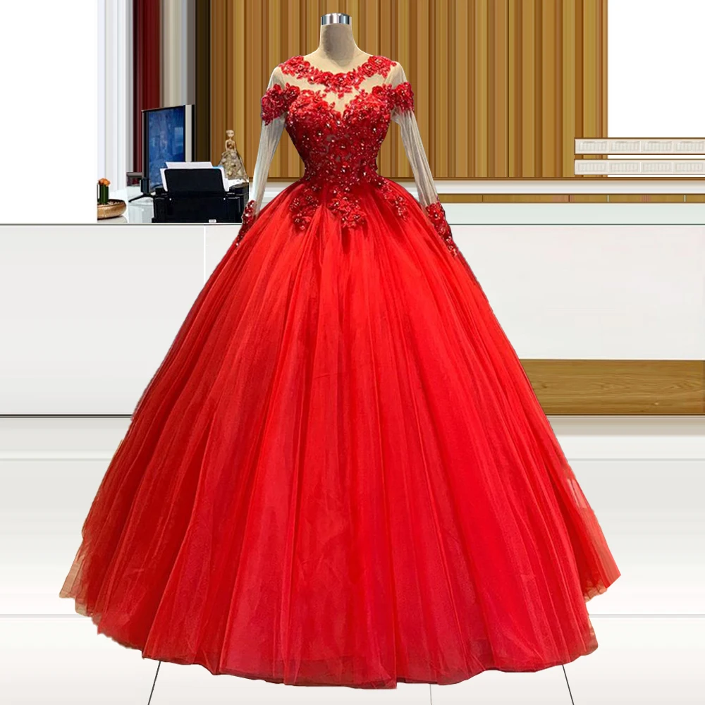 Rhinestones ลูกปัดชุดสีแดง Quinceanera ชุด Illusion แขนยาว Vestidos De Quinceañera Vestidos De 15ปีที่ผ่านมา