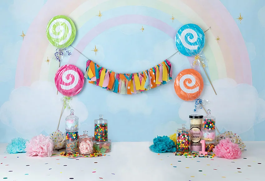 Avezano Photography Backdrop Lollipop Cotton Candy Shop Baby 1st Birthday Rainbow Background Photocall Photo Shoot Studio Props