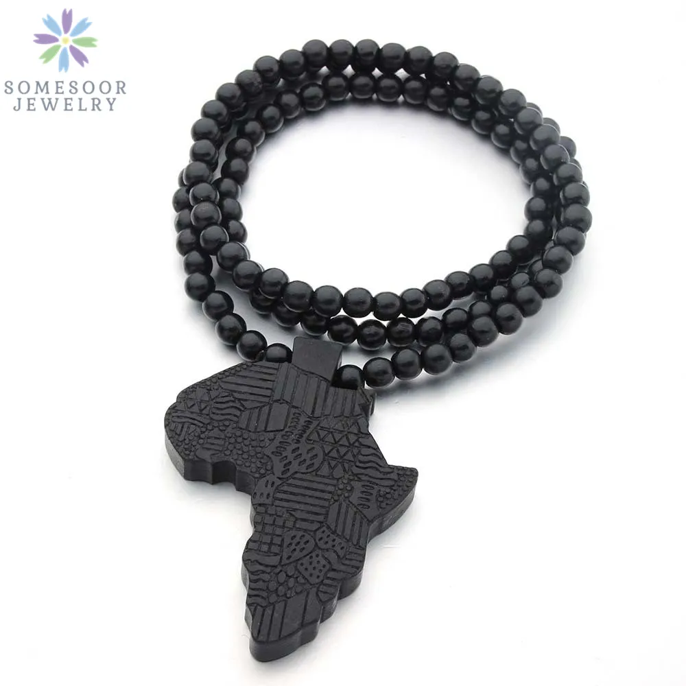 SOMESOOR Vintage Natural Wood African Map Pendant Necklace Engraved Afro Ethnic Pattern Elastic Beads Chains For Women Gifts