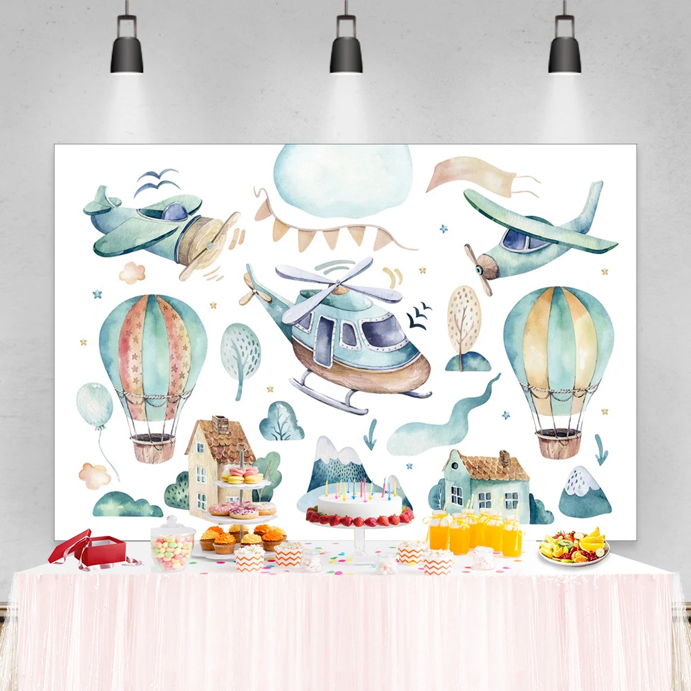 Laeacco Birthday Backdrops Clouds Balloons Airplane Car Trees Baby Shower Newborn Photography Backgrounds For Photo Studio Props