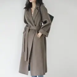 Plus Size soprabito di lana a doppia faccia donna lungo 2021 inverno moda fascia alta lunga cintura allacciatura allentata cappotto nero 100% lana