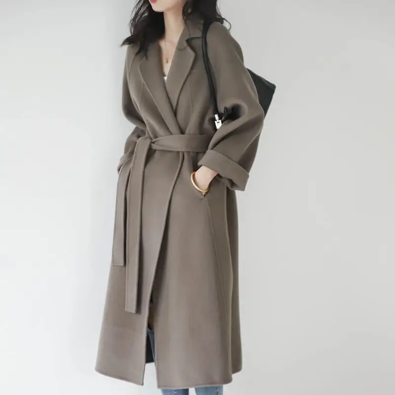 Plus Size Double Sided Woolen Overcoat Women Long 2021 Winter Fashion High End Long Loose Lacing Belt Black 100% Wool Coat