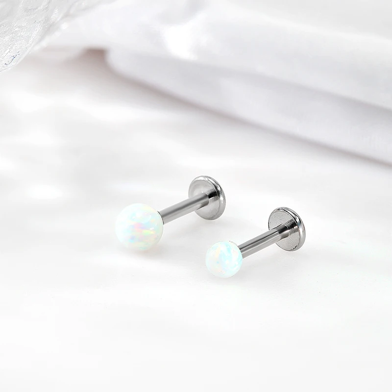 G23 Titanium Surgical Metal Septum Piercing Opal Labret Lip Ear Nose Dimple Stud Thread Tighten Ring Men Women Body Jewelry 16G
