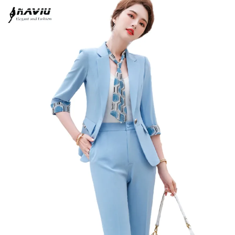 Naviu New Fashion Summer Temperament Slim Suits Women Business Formal Half Sleeve Blazer And Pants Office Ladies Work Wear