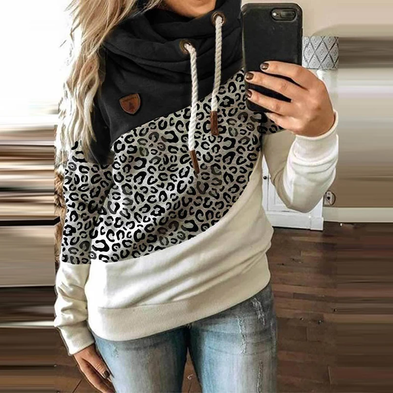 Customizable 2024 New UZZDSS Women Patchwork Hooded Sweatshirt Leopard Print Drawstring Hoodie Casual Long Sleeve Pullover Tops