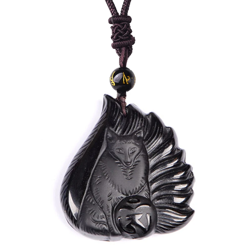 Drop Shipping Fashion Natural Black Obsidian Carved Handwork Fox Lucky Blessing Pendant Amulet Necklace Fine Crystal Jewelry