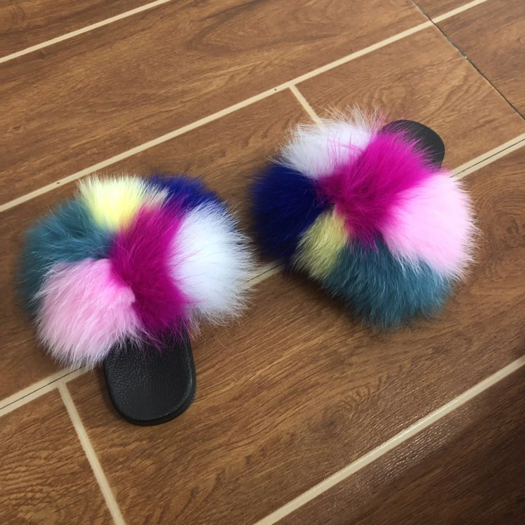 

Kids Real Fox Slippers Cute Raccoon Slides Fluffy Slippers Toddler Slipper Baby Girls Fur Slides Summer Flip Flops With Fur