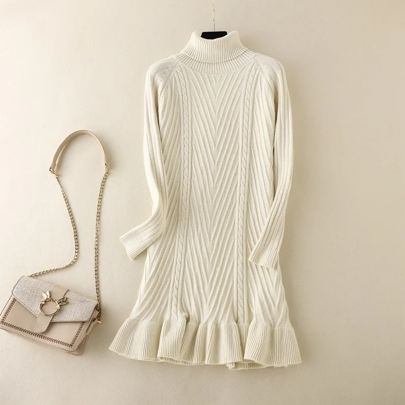 HLBCBG 2023 Autumn winter Thick Turtleneck Fishtail sweater dress women basic warm midi sweater dress female